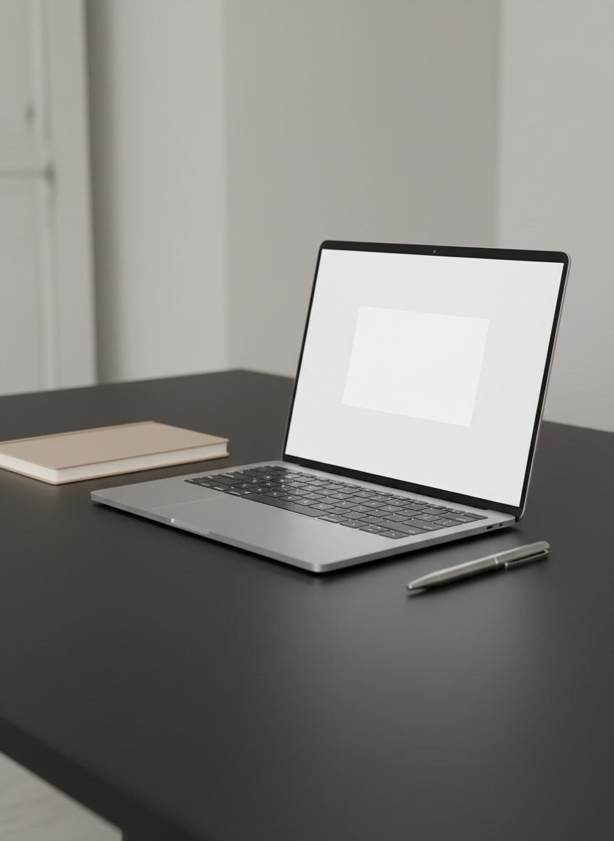 Una pantalla de ordenador portátil ultrafino, vista de perfil tres cuartos, sobre un escritorio negro mate impoluto. En la pantalla, sin mostrar texto legible, solo se distingue un bloque blanco limpio que sugiere una página de lectura online en español. A un lado del portátil, un cuaderno cerrado color arena y un bolígrafo metálico minimalista. La luz es suave y neutra, como de un estudio silencioso, cayendo desde una ventana invisible a la derecha, creando reflejos discretos en el metal y el borde del portátil. Fondo desenfocado y claro, sin objetos adicionales. Composición fotográfica en regla de tercios, atmósfera serena y ordenada, ideal para ilustrar la lectura y descarga del ensayo en formato PDF, sin extras.