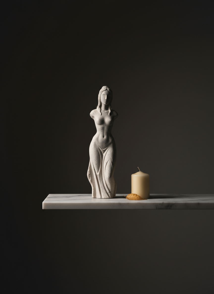 Un altar minimalista y contemporáneo: una losa de mármol blanco pulido suspendida visualmente sobre un fondo oscuro y liso. Sobre la losa, una sola estatua abstracta de diosa sin rostro, en piedra clara, con líneas suaves y erosionadas, insinuando antigüedad y olvido. A su lado, una vela apagada, con cera marfil sin derretir, y una pequeña hoja seca, casi dorada. La iluminación es tenue, dirigida desde un foco lateral cálido que perfila la silueta de la estatua y deja el fondo en penumbra profunda. El encuadre es ligeramente bajo, enfatizando la presencia silenciosa de la figura. Estética fotográfica realista, sobria y sofisticada, que sugiere contemplación y reflexión literaria sin mostrar personas.