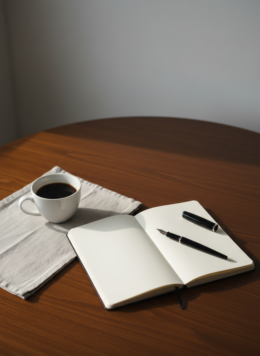Una mesa de madera oscura y lisa vista desde arriba, en el centro un cuaderno abierto con páginas en blanco marfil y una pluma estilográfica negra apoyada con delicadeza, como esperando ser usada. A un lado, una taza de cerámica blanca con café negro inmóvil, sin vapor, sobre un mantel de lino gris claro apenas arrugado. La escena está bañada por luz natural suave de tarde que entra desde la izquierda, creando sombras largas y silenciosas. El fondo está desenfocado, insinuando solo una pared blanca desnuda. Composición minimalista en regla de tercios, profundidad de campo reducida, estética fotográfica realista, sobria y contemplativa, perfecta como portada para un ensayo literario serio en español, sin elementos extras ni distracciones visuales.