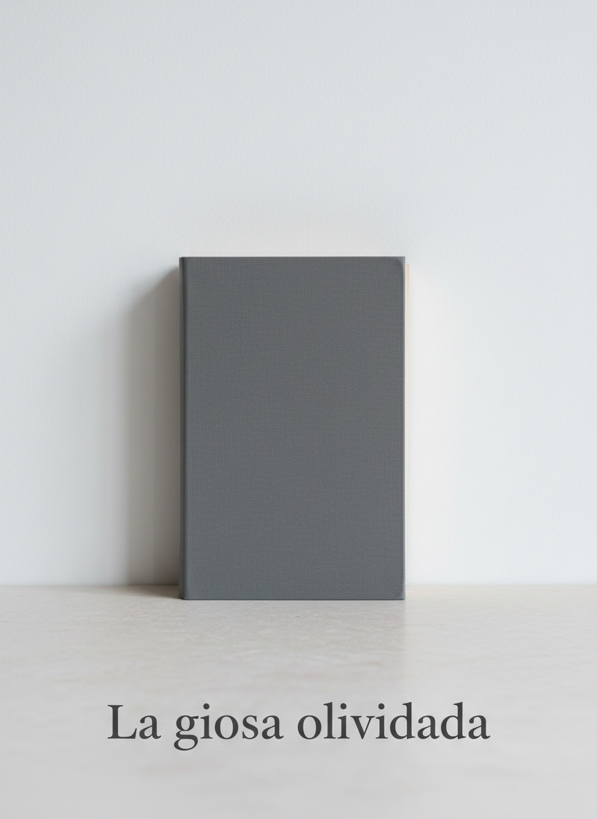 Un único libro de tapa dura gris oscuro, sin título visible, reposando en posición central sobre una superficie de piedra clara impecable, frente a una pared blanca mate. El libro está ligeramente entreabierto, dejando ver el filo de páginas color hueso, con textura delicada. La luz es fría y difusa, como de un día nublado, entrando desde arriba y a la derecha, creando un halo suave alrededor del borde del libro y una sombra tenue detrás. La atmósfera es silenciosa, introspectiva, casi sagrada. Fotografía en alta definición, composición centrada y simétrica, fondo totalmente limpio, transmitiendo la idea de una lectura profunda, descargable y sin adornos, ideal para la página principal de un ensayo minimalista titulado “La diosa olvidada”.