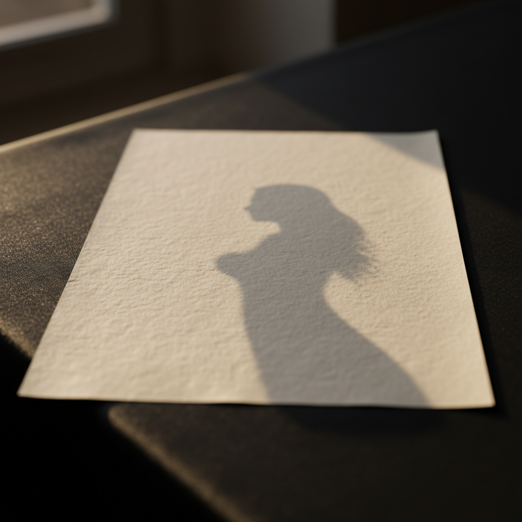 Una hoja de papel grueso color marfil, con textura visible, descansando sola sobre una mesa negra satinada. Sobre la hoja, una sombra tenue de una figura femenina estilizada proyectada desde fuera de cuadro, sin mostrar cuerpo alguno, apenas un contorno sugerido que se desvanece en los bordes. La iluminación proviene de una ventana lateral, luz de última hora de la tarde, cálida y oblicua, que resalta la textura del papel y deja el resto de la mesa en penumbra suave. El encuadre es cercano, casi macro, con la hoja ocupando la mayor parte del plano y fondo desenfocado profundo. Estilo fotográfico realista, minimalista y poético, evocando la idea de una diosa olvidada en el espacio íntimo de la escritura ensayística.